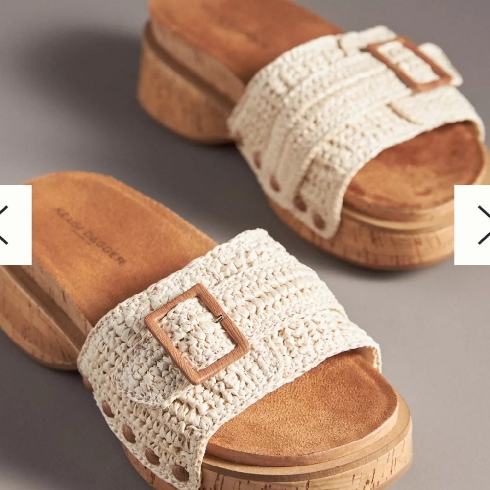 KELSI DAGGER Paulie Cork/Raffia Buckle Strap Slide Sandals, NIB, Sz 8, Natural